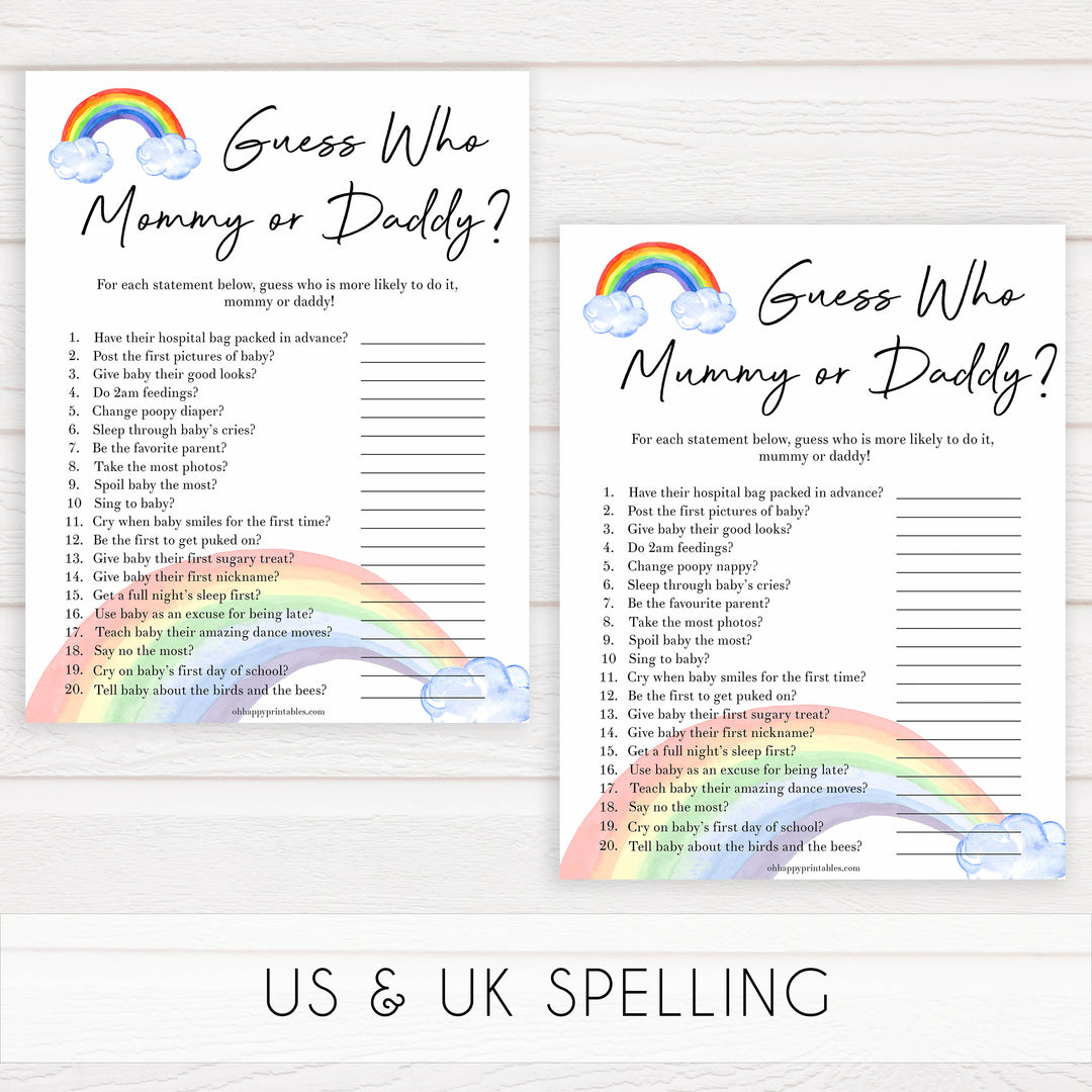 Rainbow baby games, rainbow guess who mommy or daddy, rainbow printable baby games, instant download games, rainbow baby shower, printable baby games, fun baby games, popular baby games, top 10 baby games