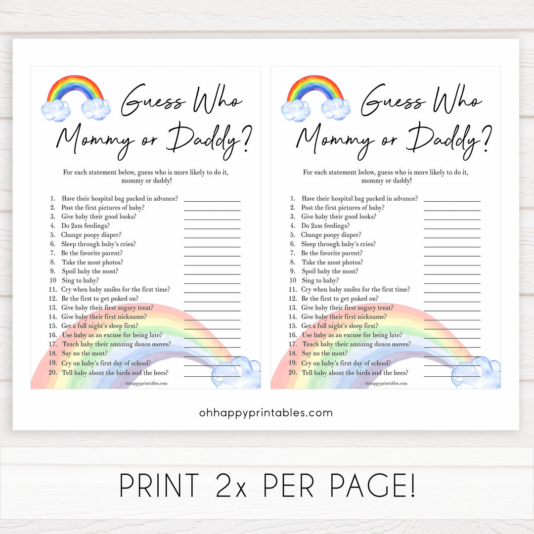 Rainbow baby games, rainbow guess who mommy or daddy, rainbow printable baby games, instant download games, rainbow baby shower, printable baby games, fun baby games, popular baby games, top 10 baby games