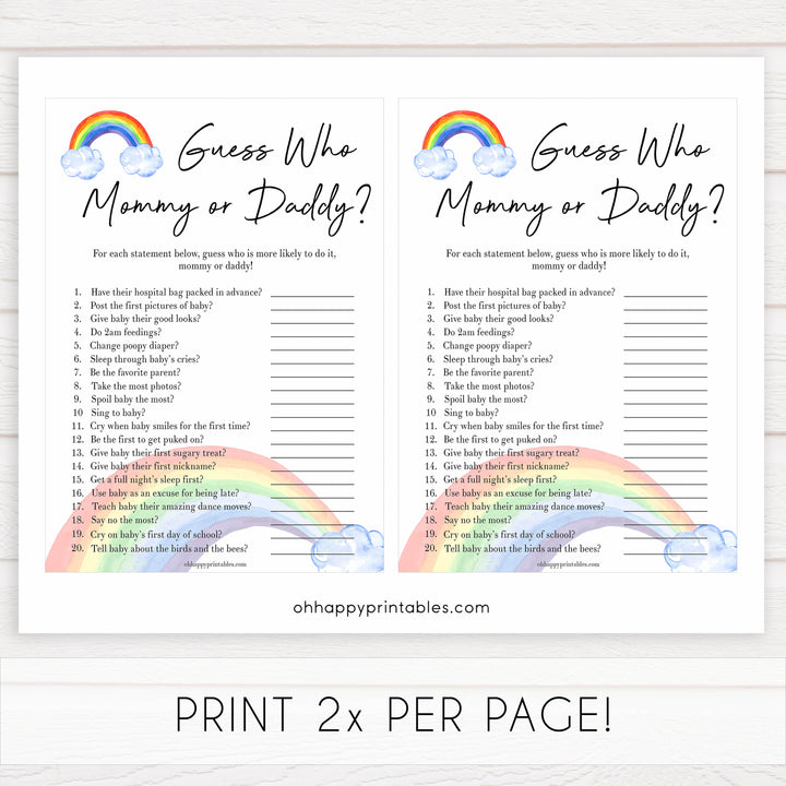 Rainbow baby games, rainbow guess who mommy or daddy, rainbow printable baby games, instant download games, rainbow baby shower, printable baby games, fun baby games, popular baby games, top 10 baby games