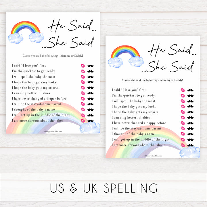Rainbow baby games, rainbow he said she said, rainbow printable baby games, instant download games, rainbow baby shower, printable baby games, fun baby games, popular baby games, top 10 baby games
