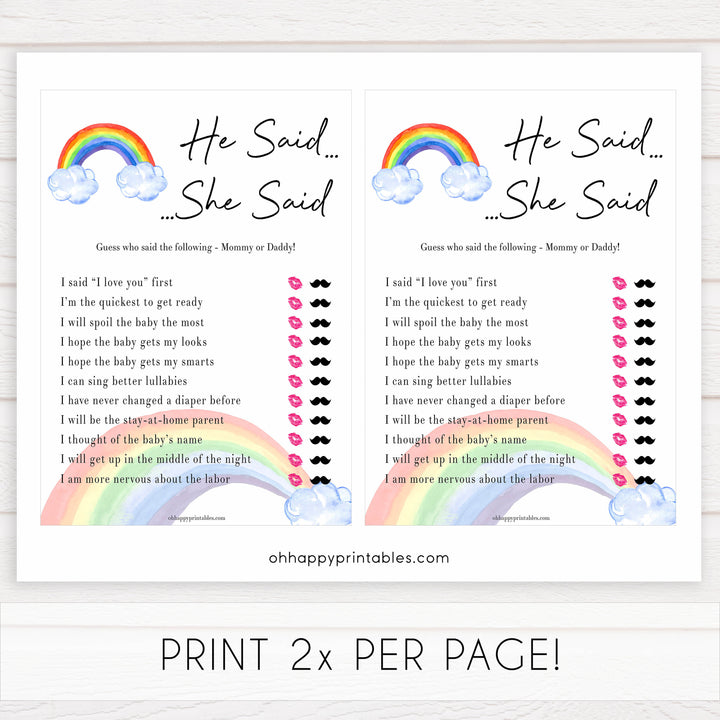 Rainbow baby games, rainbow he said she said, rainbow printable baby games, instant download games, rainbow baby shower, printable baby games, fun baby games, popular baby games, top 10 baby games
