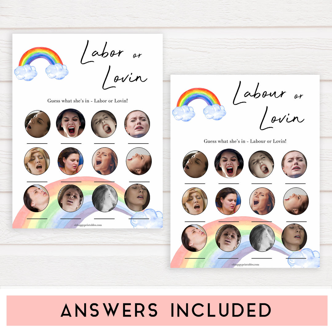 Rainbow baby games, rainbow labor or lovin, labor or porn, rainbow printable baby games, instant download games, rainbow baby shower, printable baby games, fun baby games, popular baby games, top 10 baby games