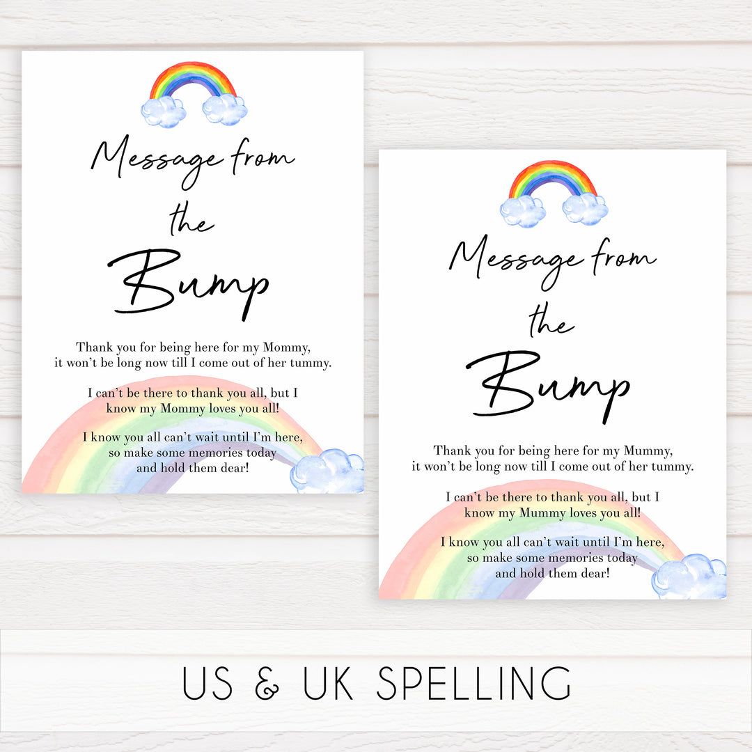 Rainbow baby games, rainbow message from the bump, rainbow printable baby games, instant download games, rainbow baby shower, printable baby games, fun baby games, popular baby games, top 10 baby games
