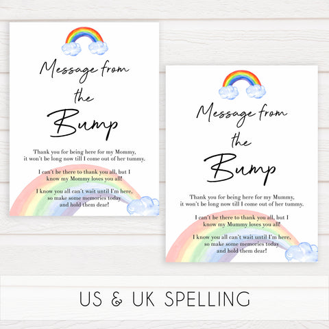 Rainbow baby games, rainbow message from the bump, rainbow printable baby games, instant download games, rainbow baby shower, printable baby games, fun baby games, popular baby games, top 10 baby games