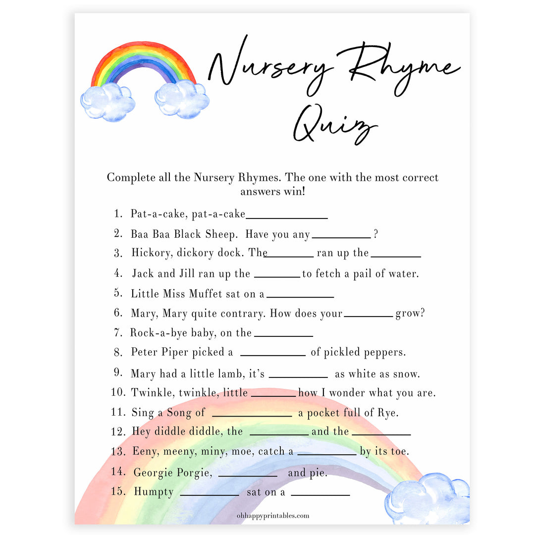 Rainbow baby games, rainbow nursery rhyme quiz, rainbow printable baby games, instant download games, rainbow baby shower, printable baby games, fun baby games, popular baby games, top 10 baby games