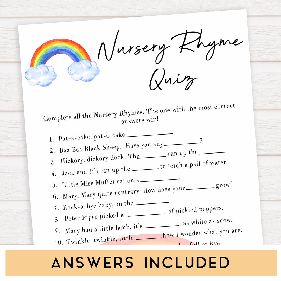 Rainbow baby games, rainbow nursery rhyme quiz, rainbow printable baby games, instant download games, rainbow baby shower, printable baby games, fun baby games, popular baby games, top 10 baby games