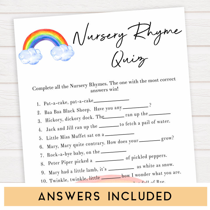 Rainbow baby games, rainbow nursery rhyme quiz, rainbow printable baby games, instant download games, rainbow baby shower, printable baby games, fun baby games, popular baby games, top 10 baby games