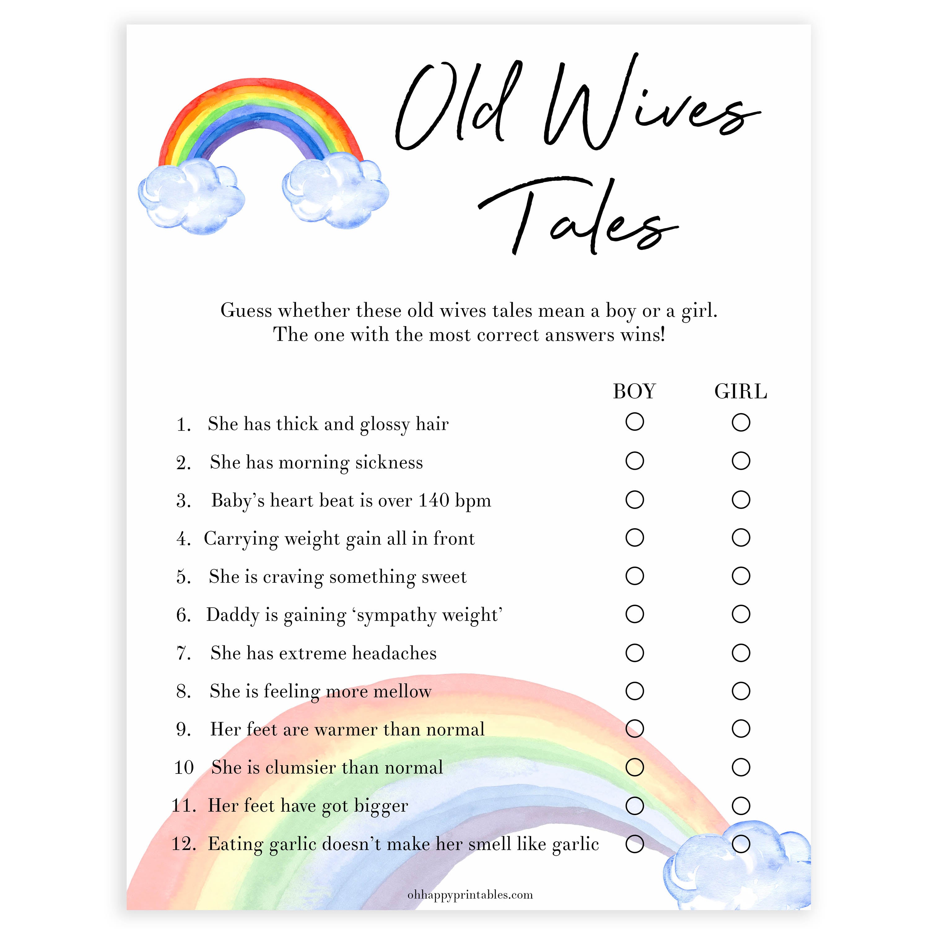 Rainbow baby games, rainbow old wives tales, rainbow printable baby games, instant download games, rainbow baby shower, printable baby games, fun baby games, popular baby games, top 10 baby games