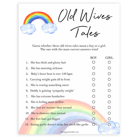 Rainbow baby games, rainbow old wives tales, rainbow printable baby games, instant download games, rainbow baby shower, printable baby games, fun baby games, popular baby games, top 10 baby games