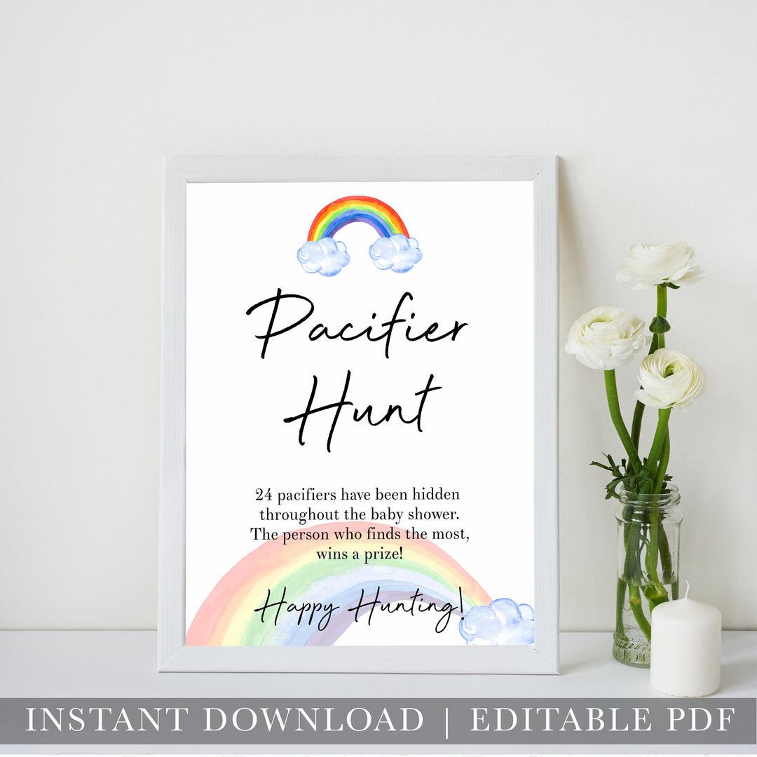 Rainbow baby games, rainbow pacifier hunt, rainbow printable baby games, instant download games, rainbow baby shower, printable baby games, fun baby games, popular baby games, top 10 baby games