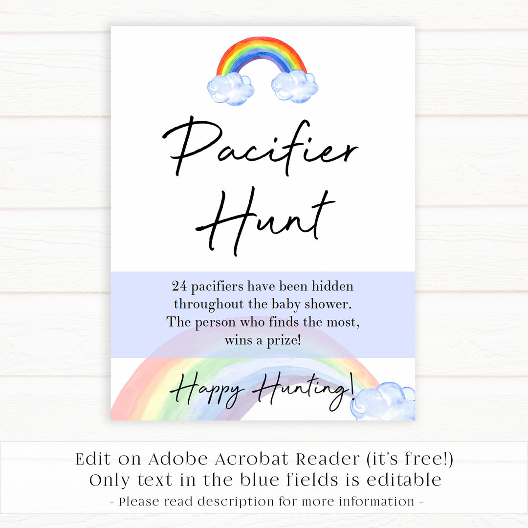 Rainbow baby games, rainbow pacifier hunt, rainbow printable baby games, instant download games, rainbow baby shower, printable baby games, fun baby games, popular baby games, top 10 baby games