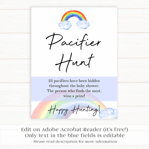 Rainbow baby games, rainbow pacifier hunt, rainbow printable baby games, instant download games, rainbow baby shower, printable baby games, fun baby games, popular baby games, top 10 baby games