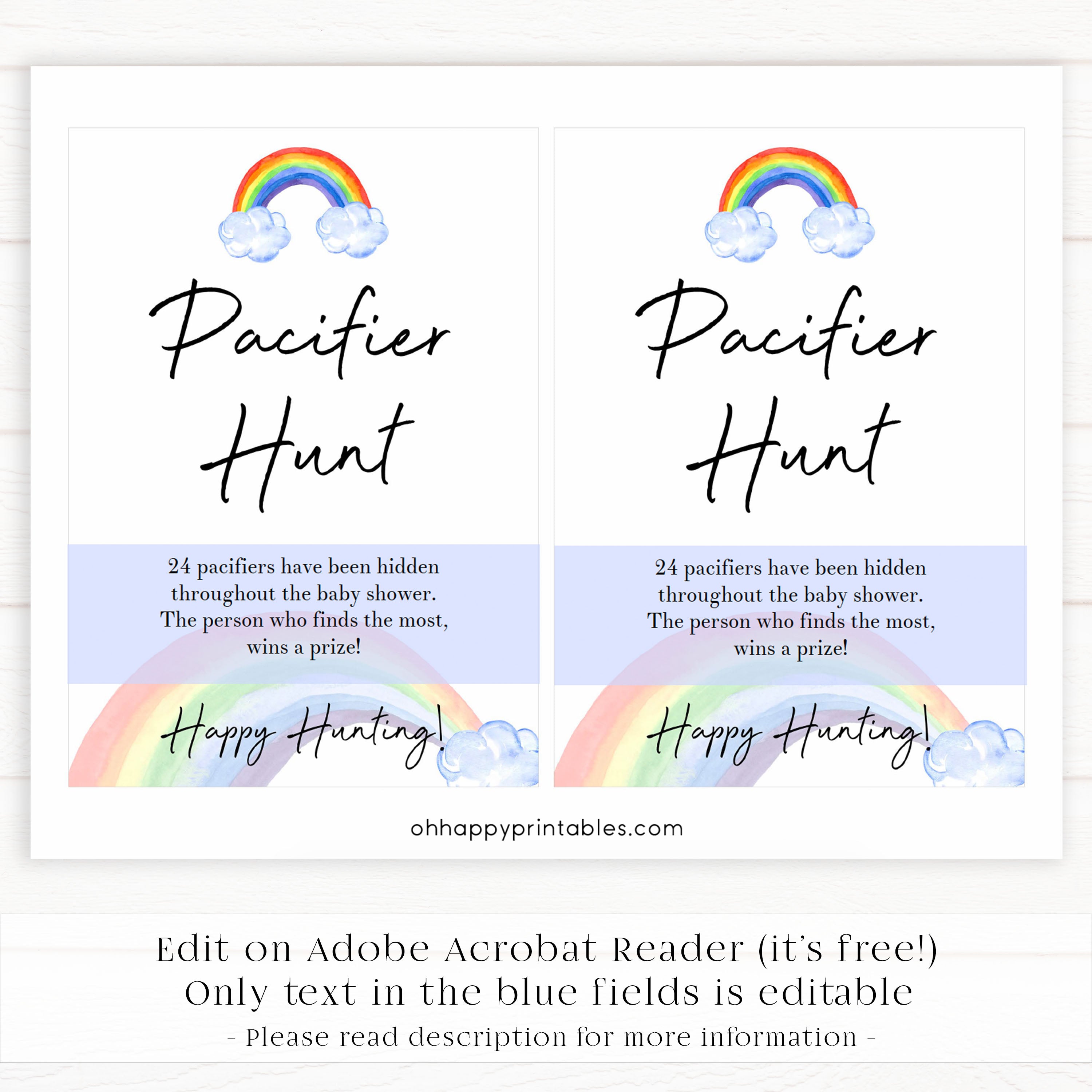 Rainbow baby games, rainbow pacifier hunt, rainbow printable baby games, instant download games, rainbow baby shower, printable baby games, fun baby games, popular baby games, top 10 baby games