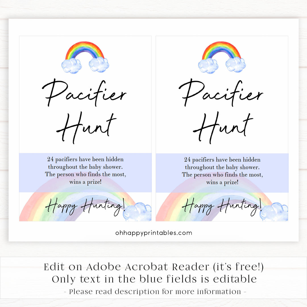 Rainbow baby games, rainbow pacifier hunt, rainbow printable baby games, instant download games, rainbow baby shower, printable baby games, fun baby games, popular baby games, top 10 baby games