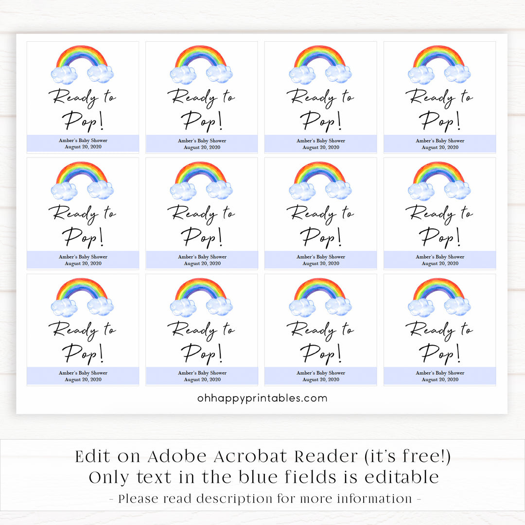 rainbow ready to pop tags, printable baby tags, rainbow baby shower, editable ready to pop tags, fun baby decor, printable baby decor