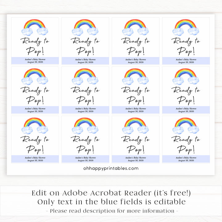 rainbow ready to pop tags, printable baby tags, rainbow baby shower, editable ready to pop tags, fun baby decor, printable baby decor