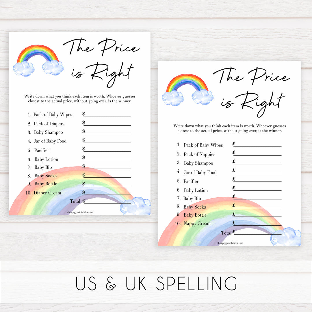 Rainbow baby games, rainbow the price is right, rainbow printable baby games, instant download games, rainbow baby shower, printable baby games, fun baby games, popular baby games, top 10 baby games