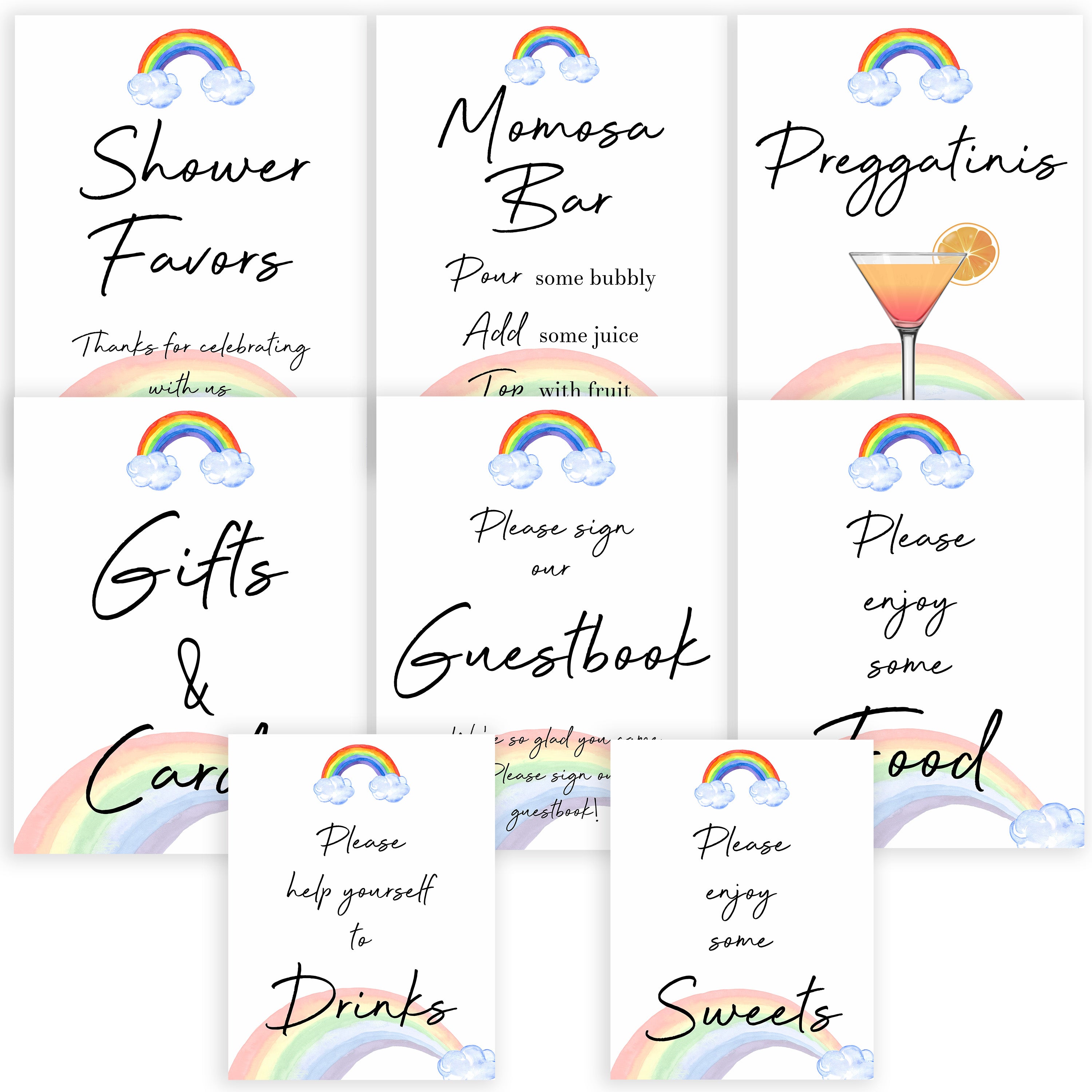 rainbow baby shower signs, rainbow baby decor, food baby signs, sweets baby signs, top 10 baby games, printable baby signs, popular baby shower ideas