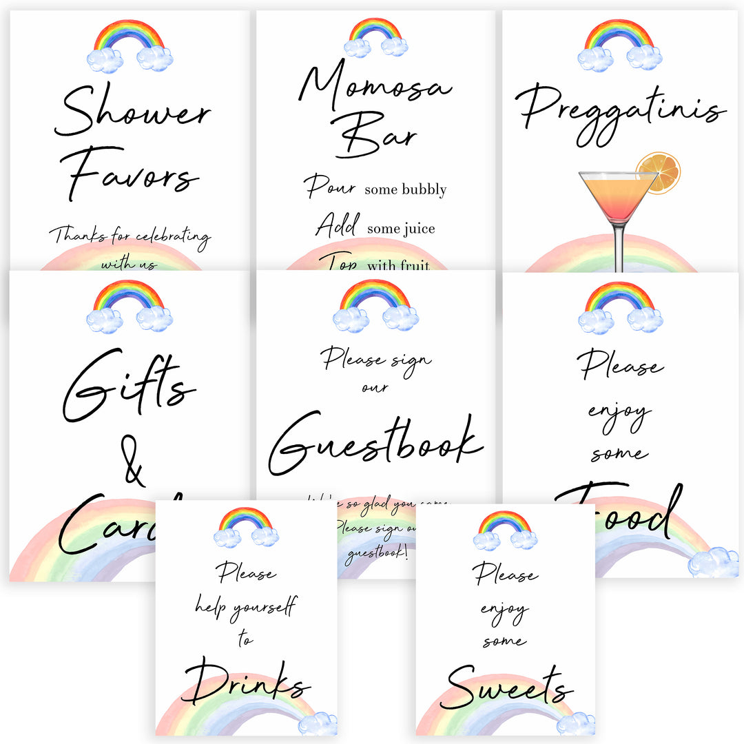 rainbow baby shower signs, rainbow baby decor, food baby signs, sweets baby signs, top 10 baby games, printable baby signs, popular baby shower ideas