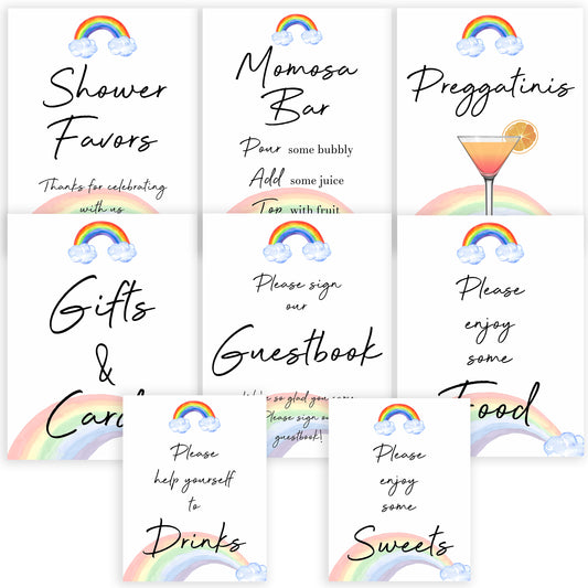 rainbow baby shower signs, rainbow baby decor, food baby signs, sweets baby signs, top 10 baby games, printable baby signs, popular baby shower ideas