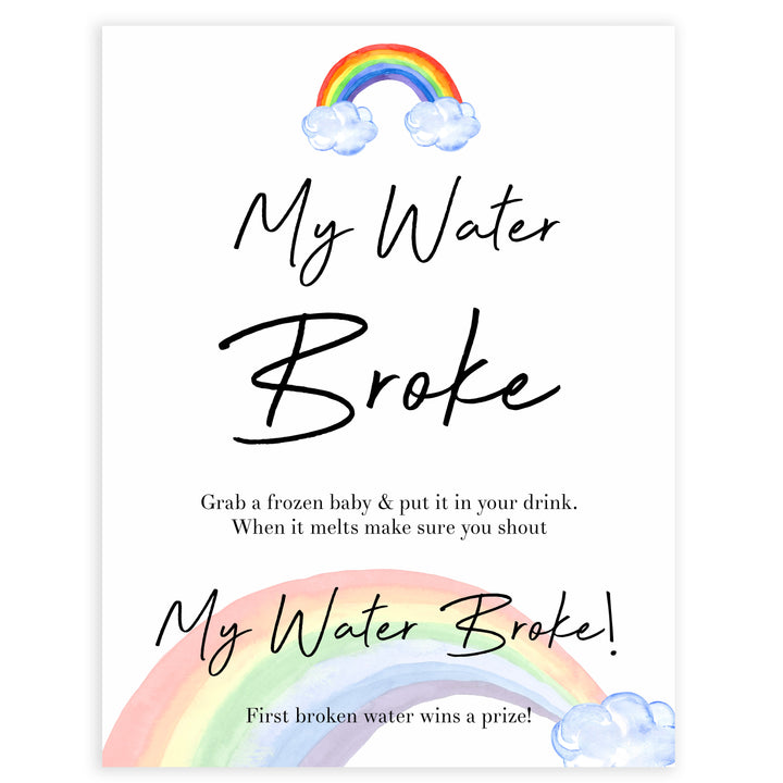 Rainbow baby games, rainbow my water broke, rainbow printable baby games, instant download games, rainbow baby shower, printable baby games, fun baby games, popular baby games, top 10 baby games