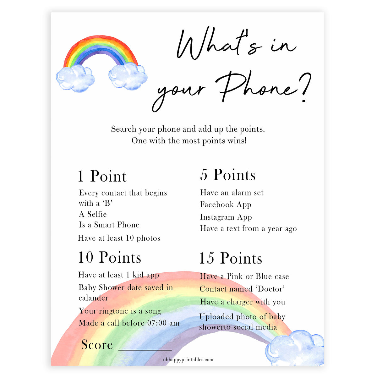 Rainbow baby games, rainbow whats in your phone, rainbow printable baby games, instant download games, rainbow baby shower, printable baby games, fun baby games, popular baby games, top 10 baby games