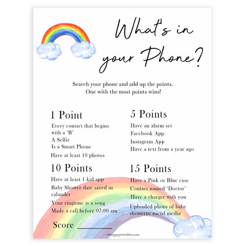 Rainbow baby games, rainbow whats in your phone, rainbow printable baby games, instant download games, rainbow baby shower, printable baby games, fun baby games, popular baby games, top 10 baby games