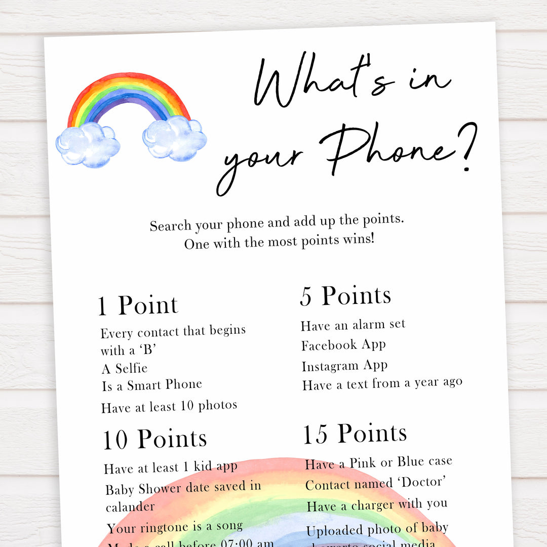 Rainbow baby games, rainbow whats in your phone, rainbow printable baby games, instant download games, rainbow baby shower, printable baby games, fun baby games, popular baby games, top 10 baby games