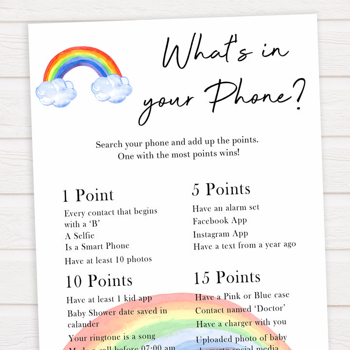 Rainbow baby games, rainbow whats in your phone, rainbow printable baby games, instant download games, rainbow baby shower, printable baby games, fun baby games, popular baby games, top 10 baby games