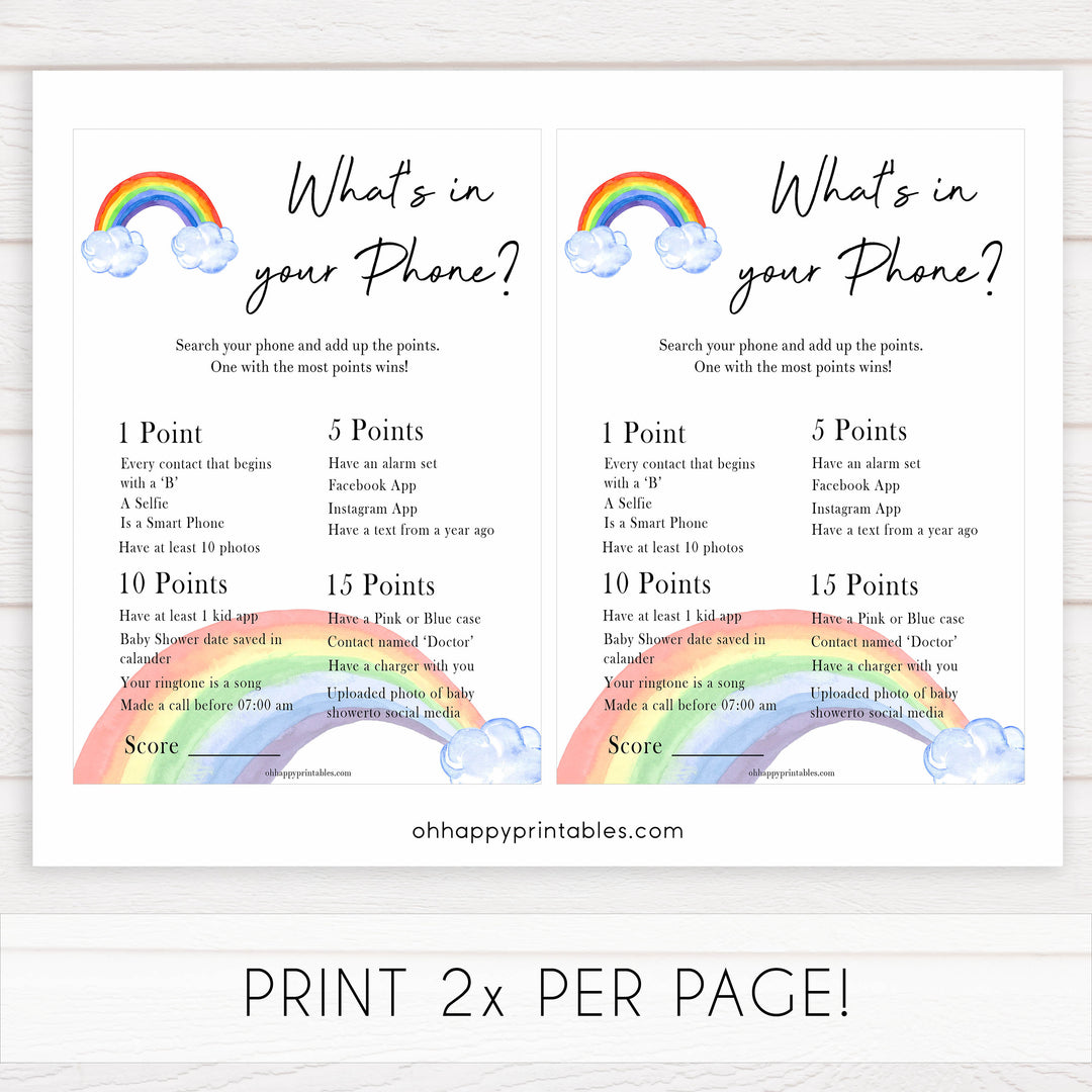 Rainbow baby games, rainbow whats in your phone, rainbow printable baby games, instant download games, rainbow baby shower, printable baby games, fun baby games, popular baby games, top 10 baby games