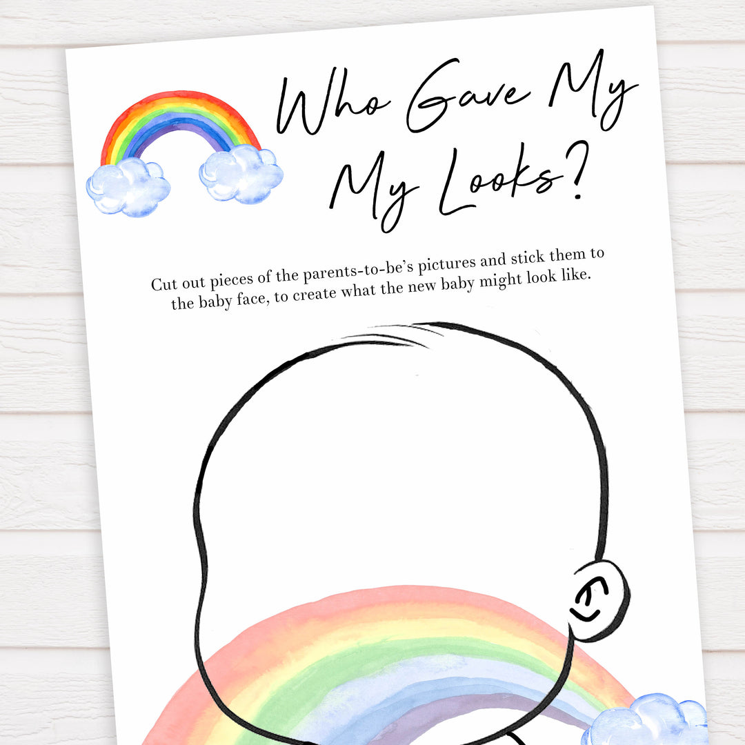 Rainbow baby games, rainbow who gave me my looks, rainbow printable baby games, instant download games, rainbow baby shower, printable baby games, fun baby games, popular baby games, top 10 baby games