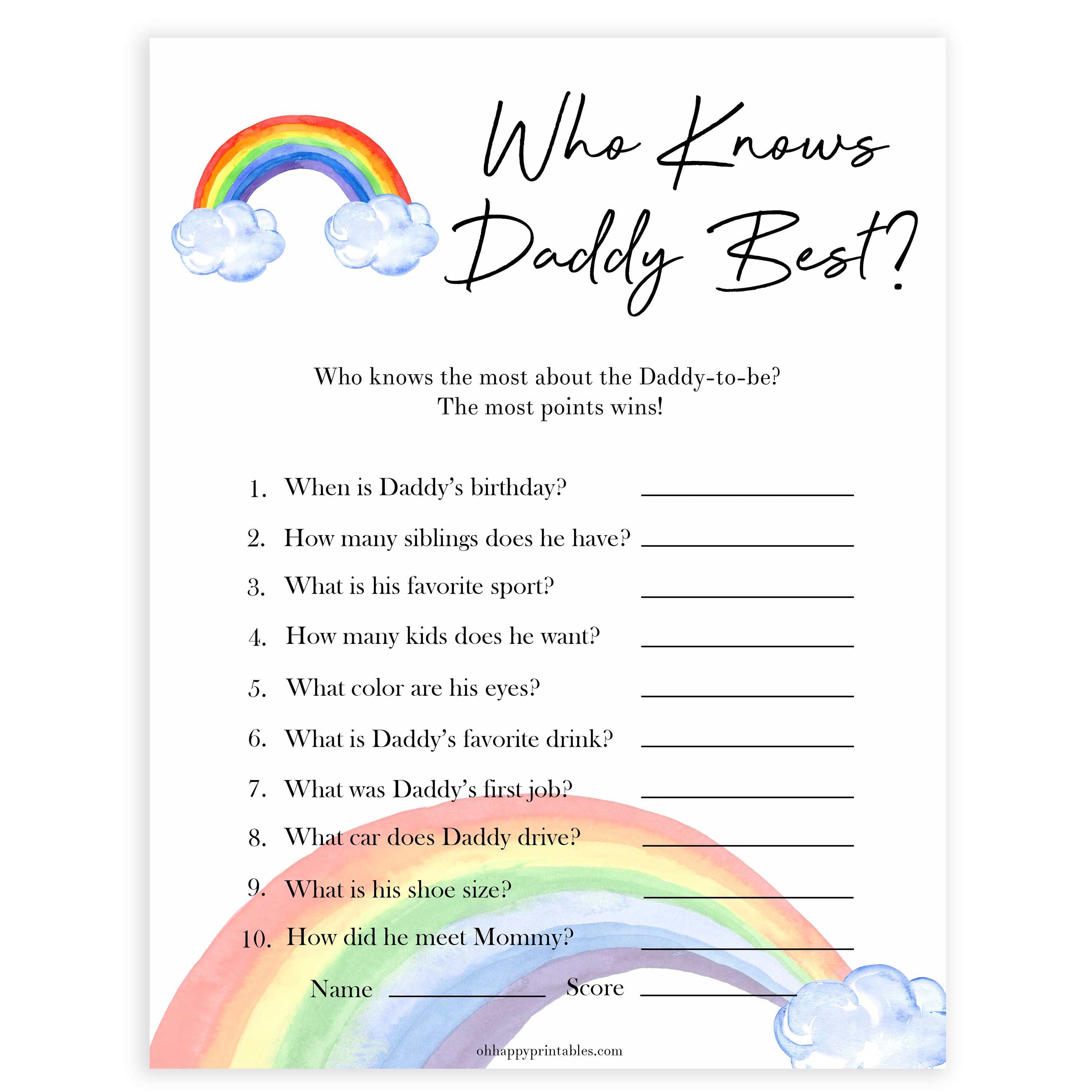 Rainbow baby games, rainbow who knows daddy best, rainbow printable baby games, instant download games, rainbow baby shower, printable baby games, fun baby games, popular baby games, top 10 baby games