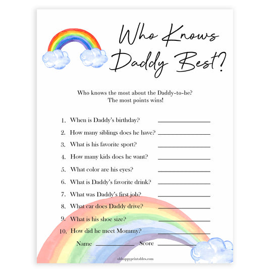 Rainbow baby games, rainbow who knows daddy best, rainbow printable baby games, instant download games, rainbow baby shower, printable baby games, fun baby games, popular baby games, top 10 baby games