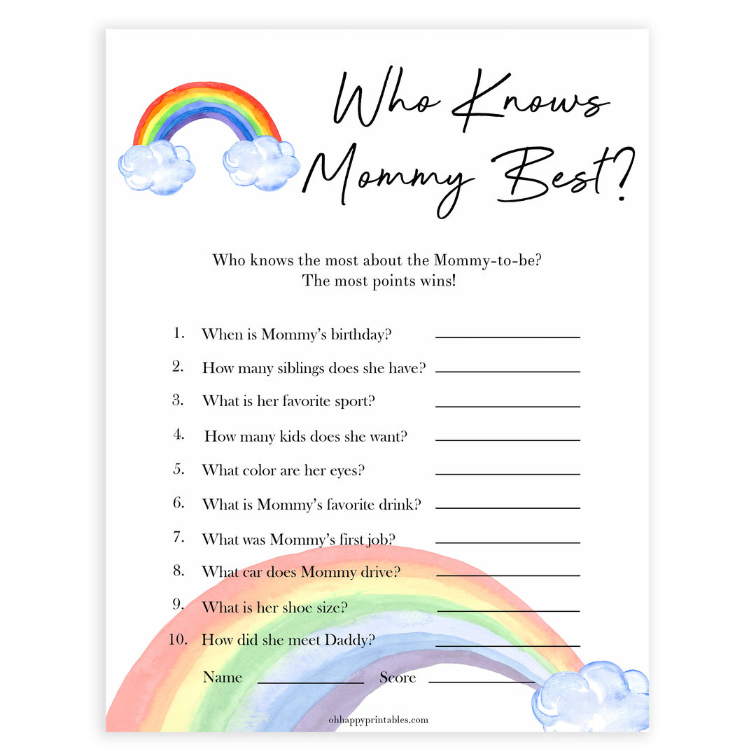 Rainbow baby games, rainbow who knows mummy best, rainbow printable baby games, instant download games, rainbow baby shower, printable baby games, fun baby games, popular baby games, top 10 baby games