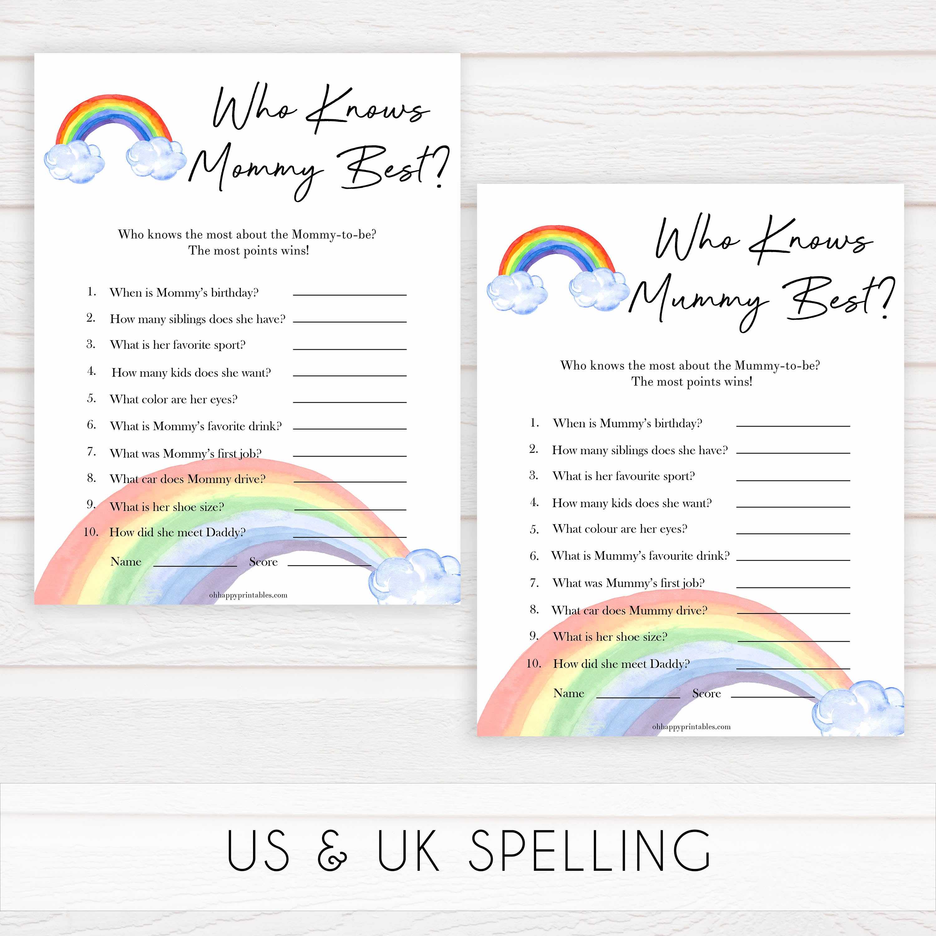 Rainbow baby games, rainbow who knows mummy best, rainbow printable baby games, instant download games, rainbow baby shower, printable baby games, fun baby games, popular baby games, top 10 baby games