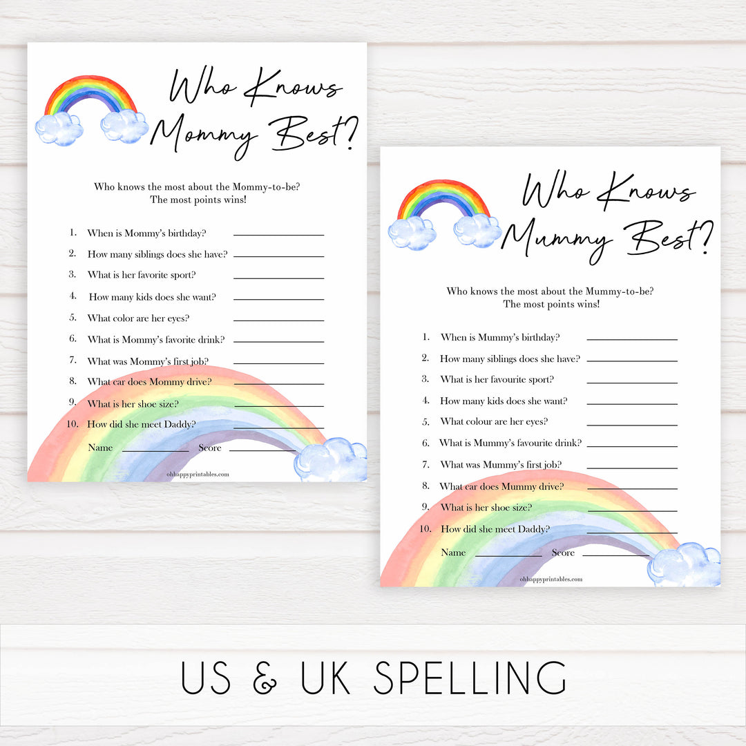 Rainbow baby games, rainbow who knows mummy best, rainbow printable baby games, instant download games, rainbow baby shower, printable baby games, fun baby games, popular baby games, top 10 baby games