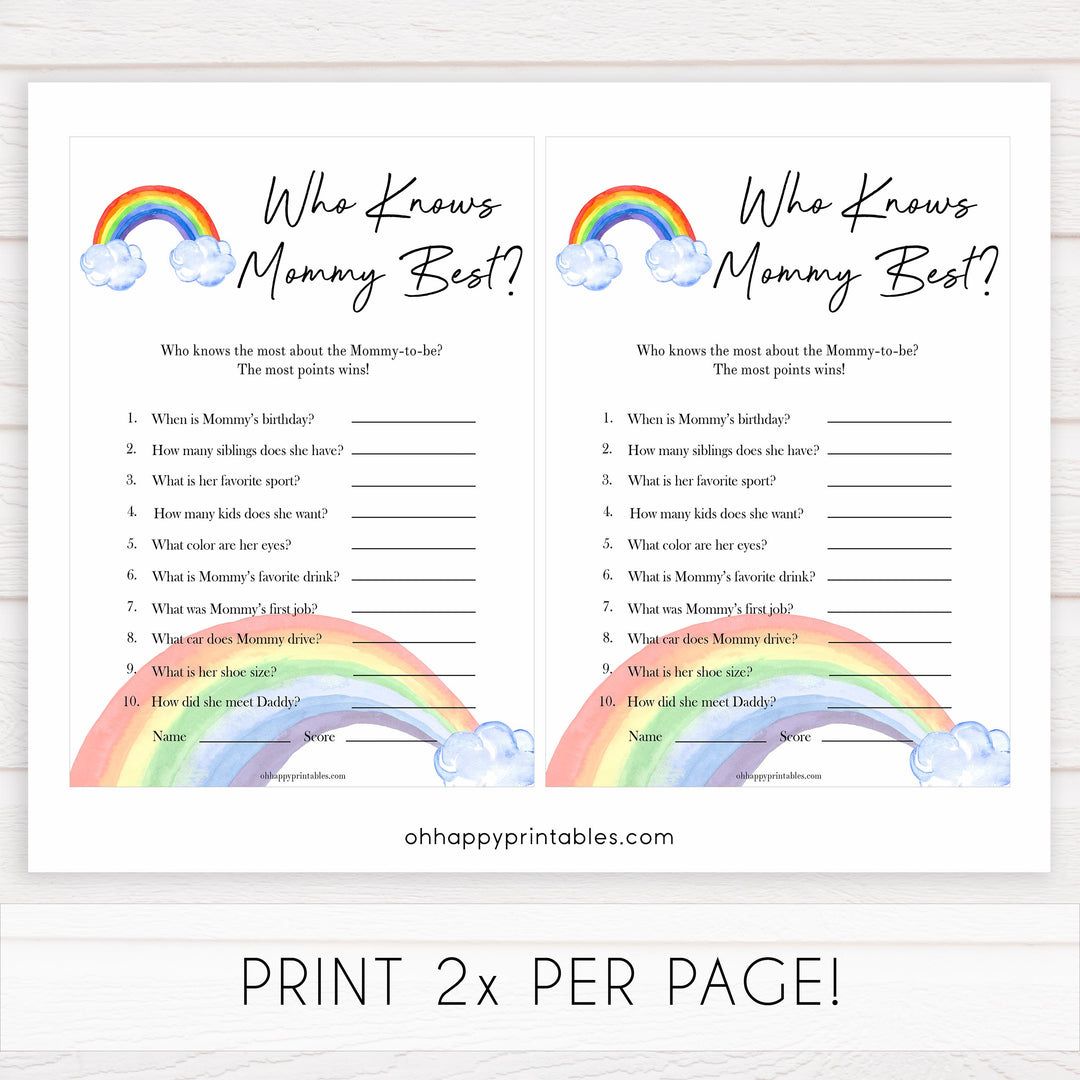 Rainbow baby games, rainbow who knows mummy best, rainbow printable baby games, instant download games, rainbow baby shower, printable baby games, fun baby games, popular baby games, top 10 baby games
