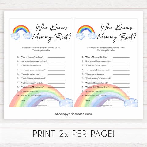 Rainbow baby games, rainbow who knows mummy best, rainbow printable baby games, instant download games, rainbow baby shower, printable baby games, fun baby games, popular baby games, top 10 baby games