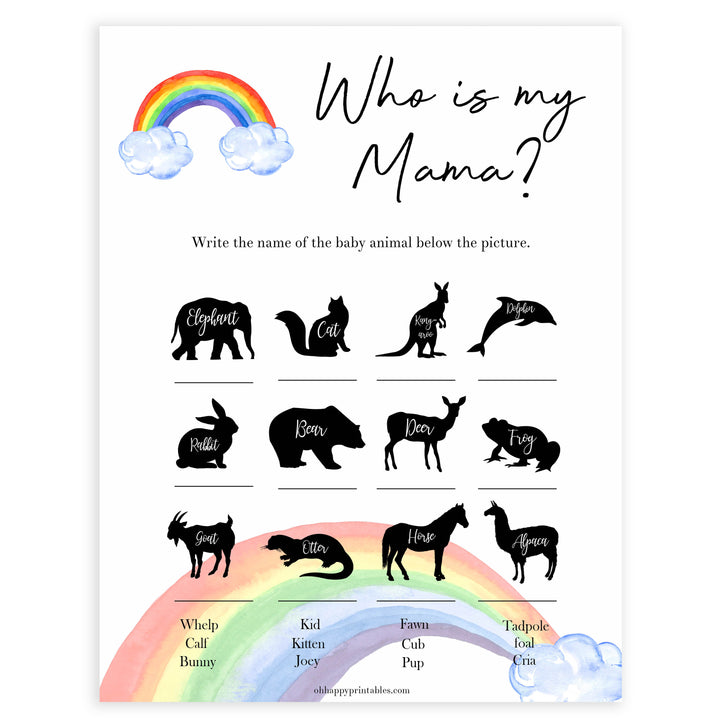 Rainbow baby games, rainbow who is my mama, rainbow printable baby games, instant download games, rainbow baby shower, printable baby games, fun baby games, popular baby games, top 10 baby games