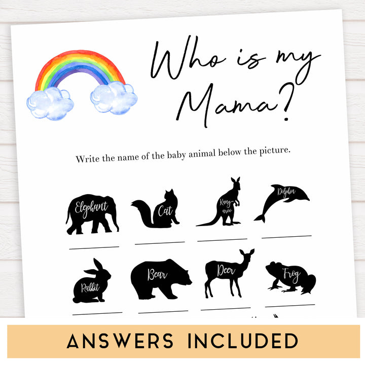 Rainbow baby games, rainbow who is my mama, rainbow printable baby games, instant download games, rainbow baby shower, printable baby games, fun baby games, popular baby games, top 10 baby games