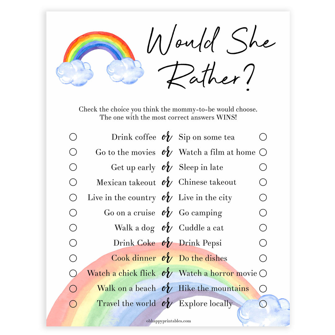 Rainbow baby games, rainbow would she rather, rainbow printable baby games, instant download games, rainbow baby shower, printable baby games, fun baby games, popular baby games, top 10 baby games