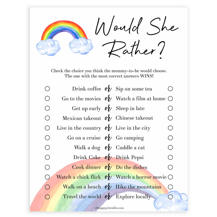 Rainbow baby games, rainbow would she rather, rainbow printable baby games, instant download games, rainbow baby shower, printable baby games, fun baby games, popular baby games, top 10 baby games
