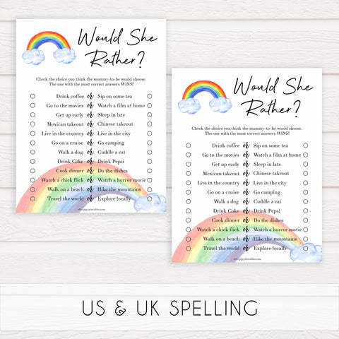 Rainbow baby games, rainbow would she rather, rainbow printable baby games, instant download games, rainbow baby shower, printable baby games, fun baby games, popular baby games, top 10 baby games
