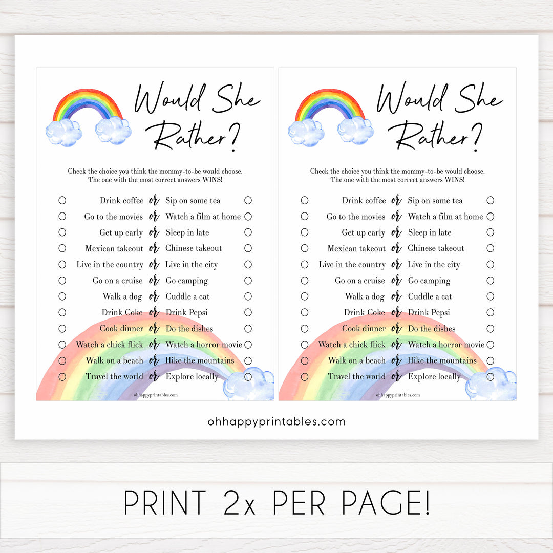 Rainbow baby games, rainbow would she rather, rainbow printable baby games, instant download games, rainbow baby shower, printable baby games, fun baby games, popular baby games, top 10 baby games