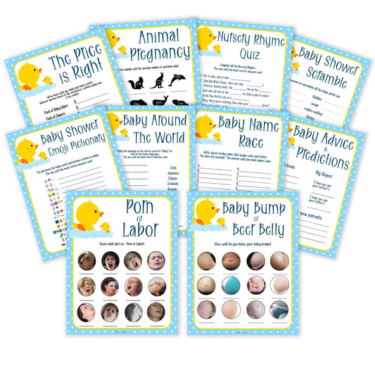 rubber ducky baby games, 10 baby shower games, baby shower bundle, baby game pack, printable baby games, baby shower games, rubber ducky baby theme, fun baby games, popular baby games