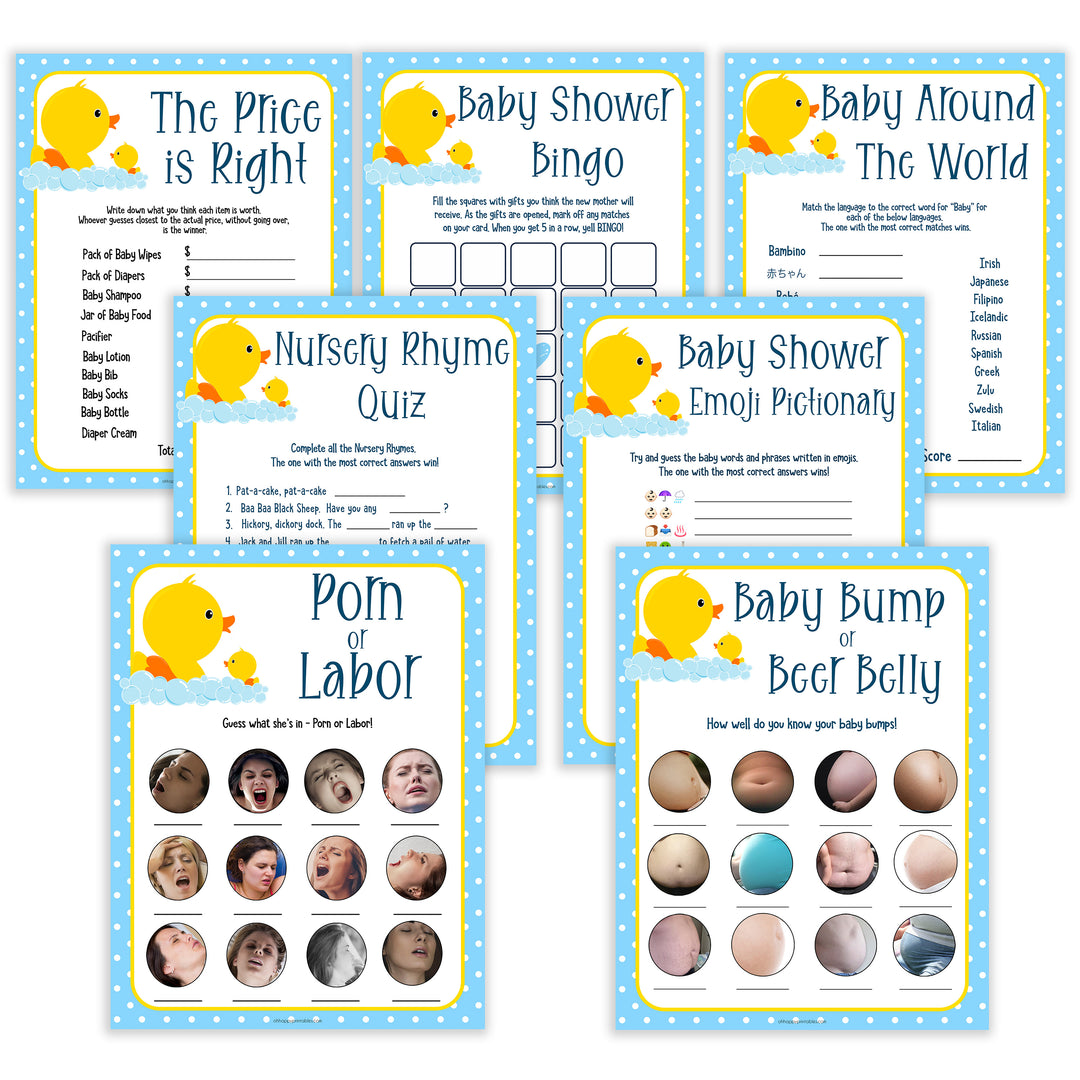 rubber ducky baby games, 7 baby shower games bundle, baby shower games pack, baby game, printable baby games, baby shower games, rubber ducky baby theme, fun baby games, popular baby games