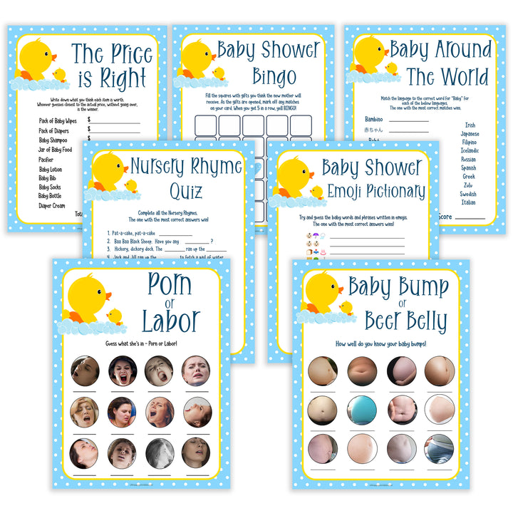 rubber ducky baby games, 7 baby shower games bundle, baby shower games pack, baby game, printable baby games, baby shower games, rubber ducky baby theme, fun baby games, popular baby games