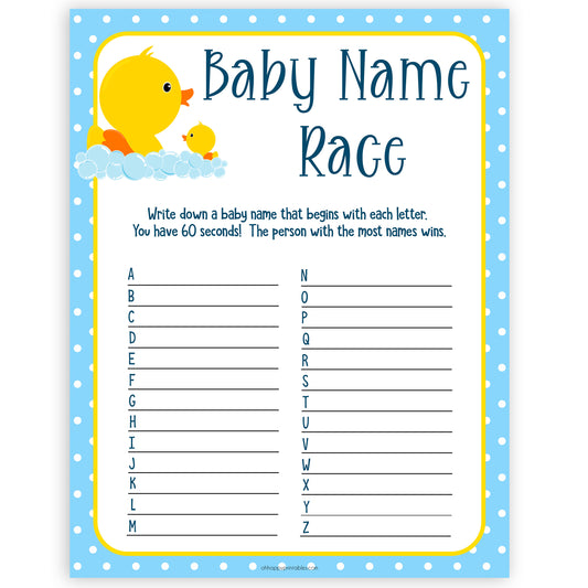 rubber ducky baby games, baby name race baby game, printable baby games, baby shower games, rubber ducky baby theme, fun baby games, popular baby games