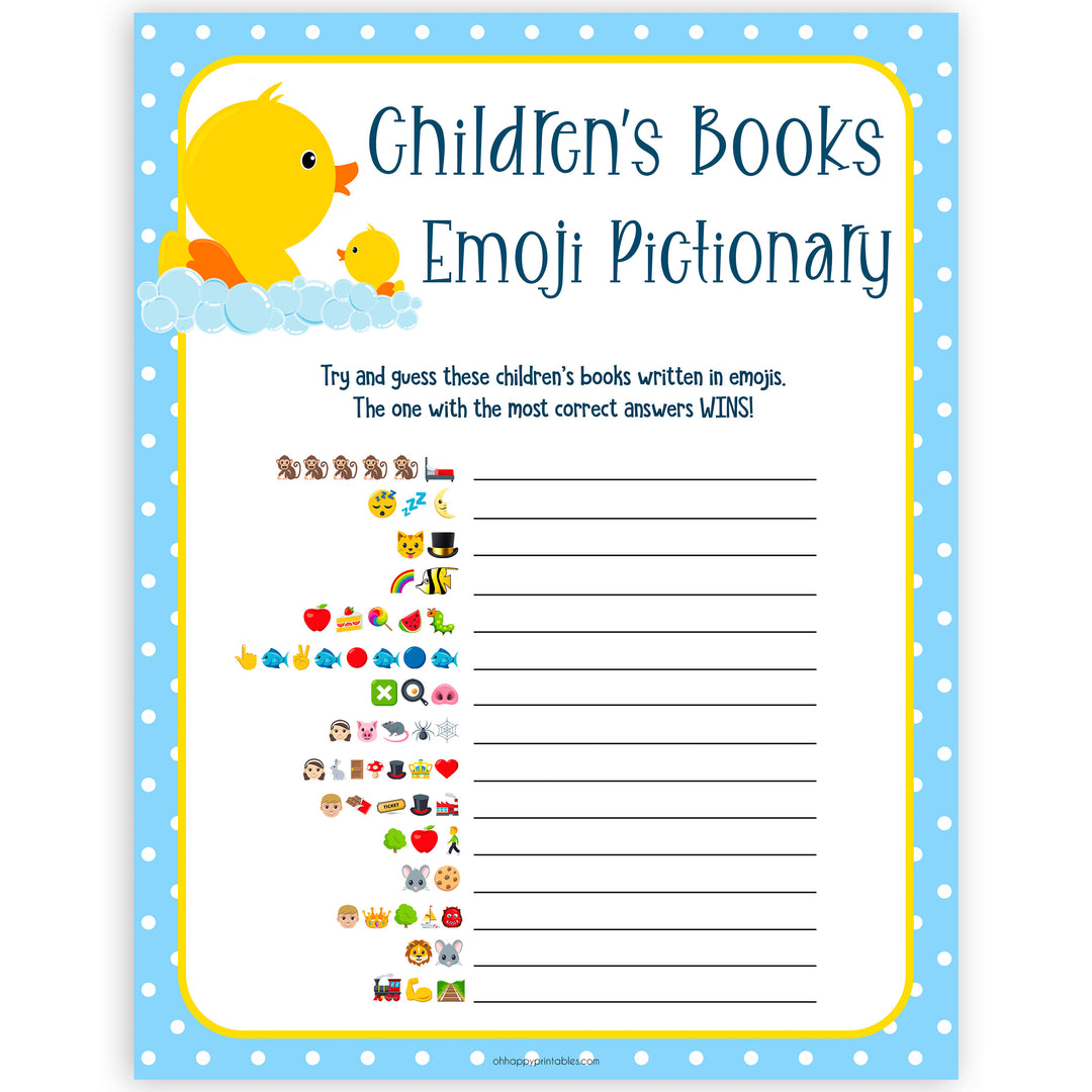 rubber ducky baby games, childrens books emoji pictionary baby game, printable baby games, baby shower games, rubber ducky baby theme, fun baby games, popular baby games