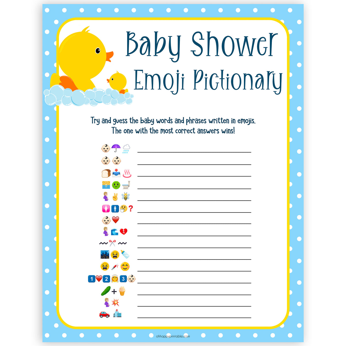 rubber ducky baby games, emoji pictionary baby game, printable baby games, baby shower games, rubber ducky baby theme, fun baby games, popular baby games